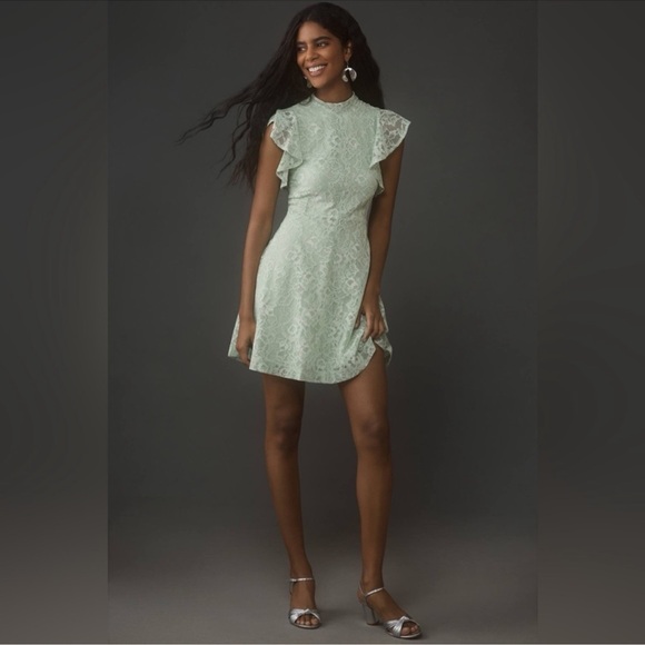 Anthropologie Maeve Mock Neck Lace Mini Dress in Moss Green - Picture 2 of 10